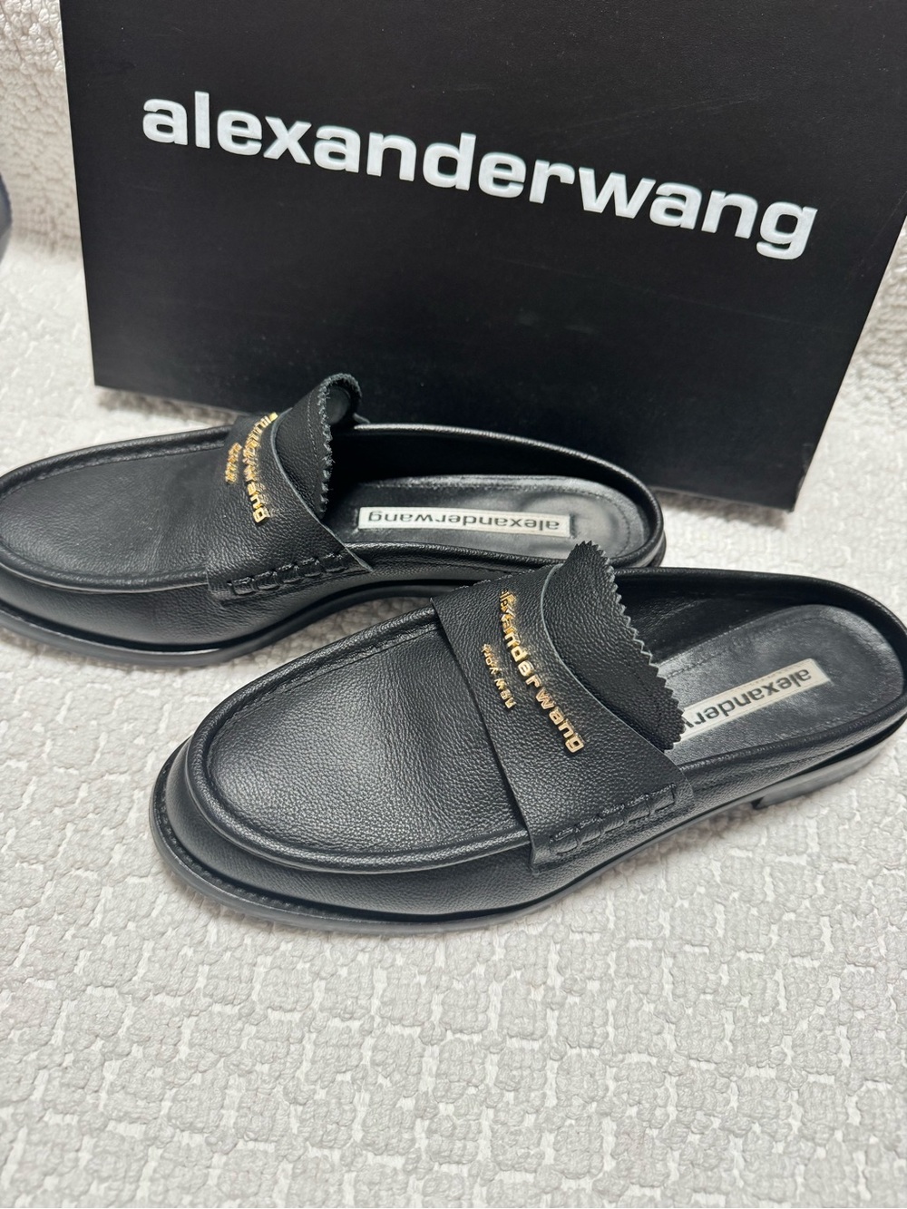 Alexander Wang Black Leather Slip-On Loafers with Gold Logo